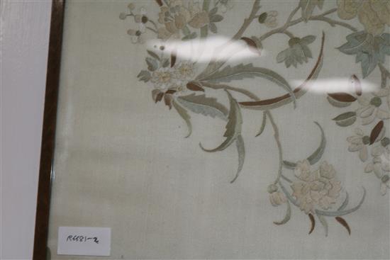 A Chinese embroidered silk bird panel width 60cm height 56cm